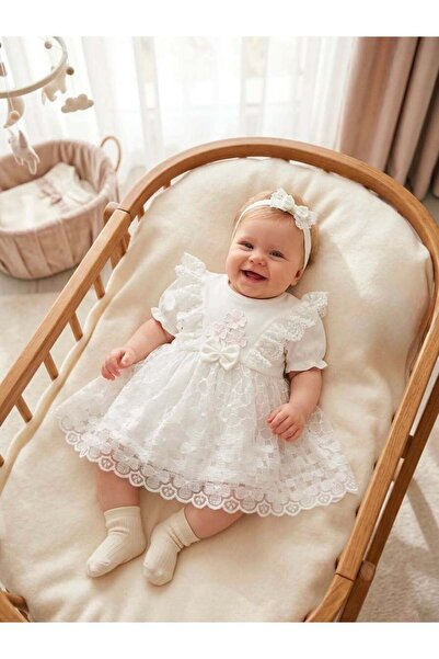 Bebila Baby Kız Bebek Mevlütlük Elbise Bandanalı Dantelli Yenidoğan Hastane Ç...