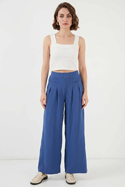 Generic Brand Women's High Waist Pleated Wide Leg Indigo Palazzo Pants