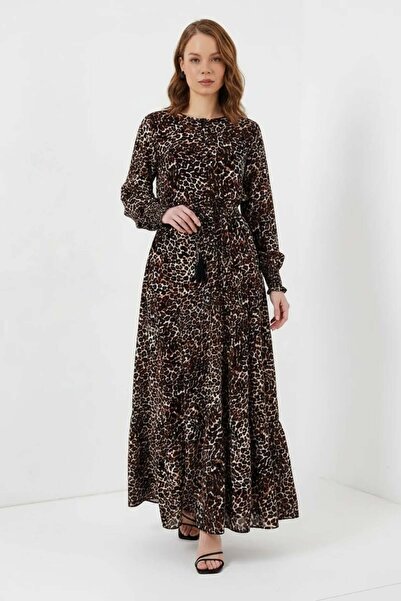 ALFA AKSESUAR 03 Women's V-Neck Belted Gathered Sleeve Leaf Patterned Viscose...