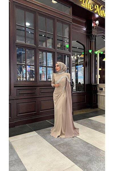 Bess Store Stone Detailed Hijab Evening Dress with Cape and Tail