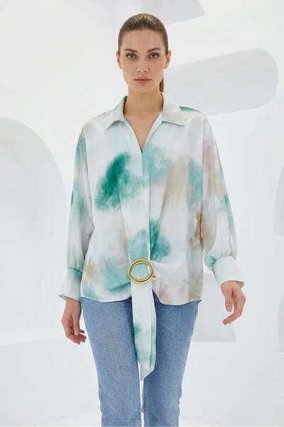 Generic Brand Women's Belted Draped Oversized Patterned Satin Green Ecru Shirt