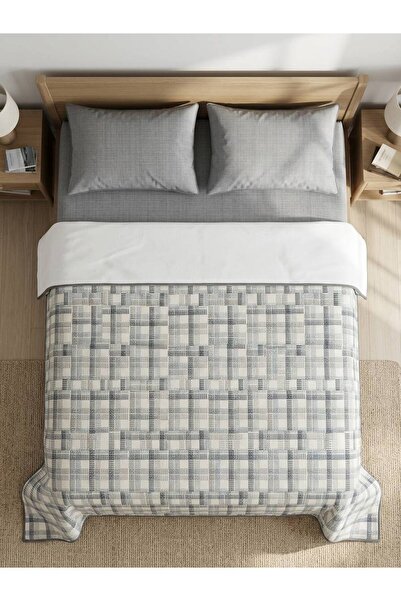 ŞENER HOME Set de lenjerie de pat dublă cu elastic, cu model în carouri Madras