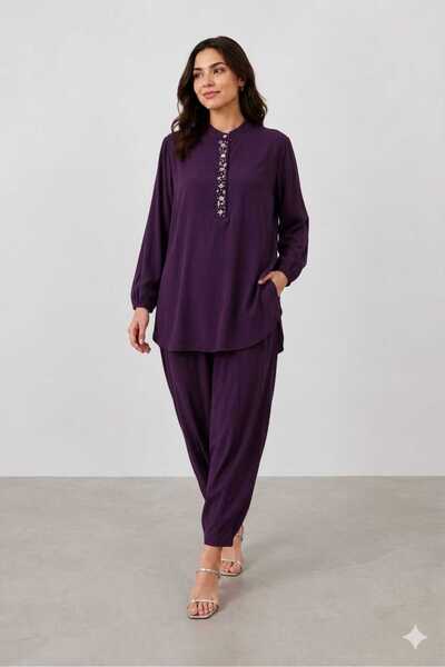 Puane Women's Collar with Shell and Bead Embroidery and Shalwar Trousers Set