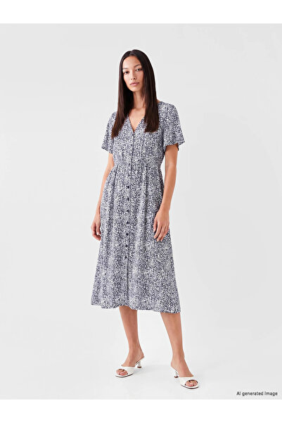 LC Waikiki Navy Blue V-Neck Floral A-Line Dress