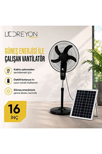 LEDREYON 16 İnç Güneş Enerjili Vantilatör / Solar Panelli Şarjlı Fan Elektrik...