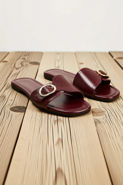 BENERLY Women's Buckle Detailed Flat Heeled Slippers Faux Leather Comfortable...