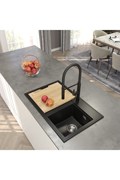 Granitan Set Chiuveta Granit Hektor, Negru mat, 800x500mm, 2 cuve, Baterie, S...