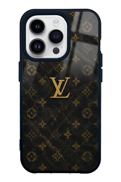 Spoyi iPhone 14 Pro Black Mermer Gold LV Tasarımlı Glossy Telefon Kılıfı