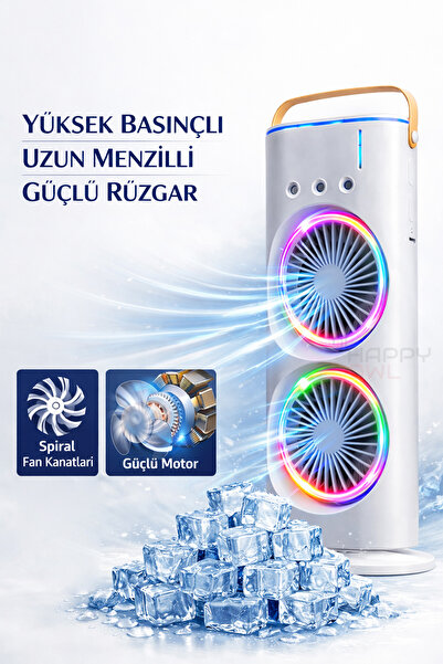 Happy Owl Şarjlı Mini Klima - Buzlu Vantilatör – RGB LED Işıklı, Uzaktan Kuma...