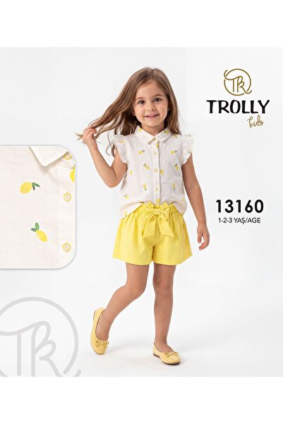 Trolly Kids Kız Çocuk Limon Desenli Gömlek Ve Şort Takımı Sarı Beyaz