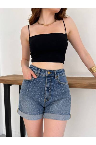 Sep Butik Women's Stone Embellished Denim Shorts High Waist