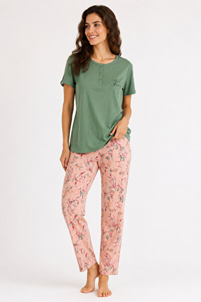 Tusebu Organic Cotton Green Top Powder Floral Patterned Women's Pajama Set