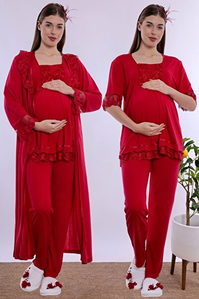 ByLohusa Cotton Long Robe Maternity Nursing Pajama Set Effortt - Cherry