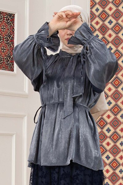 Sevitli Flounced Sleeve Janjan Evening Dress Blouse-Dark Blue