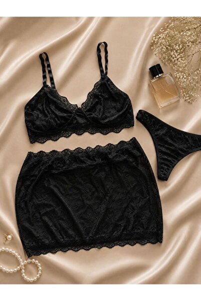 cdh çeyize dair herşey Luna Lace Detailed Plus Size 3-Piece Skirt Set - Black