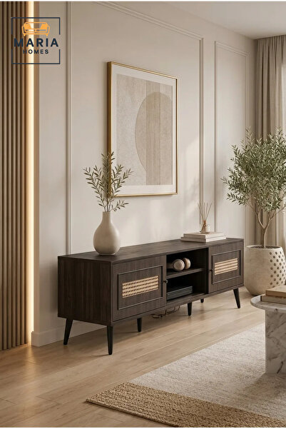 MARIA HOMES Modern Dark Walnut Rattan TV Unit 180 × 40 × 45 cm – Entertainmen...