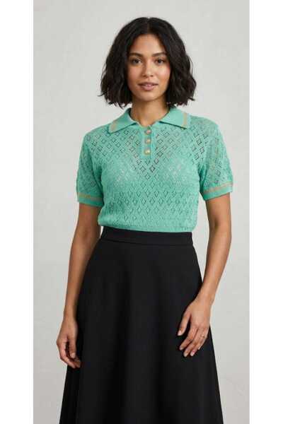 EGEMS Women's Short-Sleeved Summer Perforated Shiny Stylish Acrylic Shirt Col...