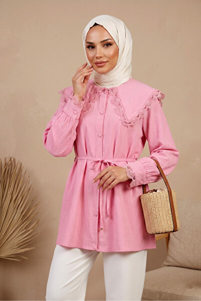 SADEL Beli Bağlamalı Yakası Fistolu Tunik - Pembe