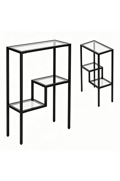 genric FFD Modern 3-Tier Glass Console Table - Black Metal Frame Tempered Gla...