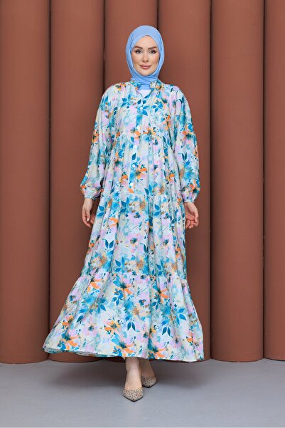 PAVENTİ Modal Dress Leafy Blue
