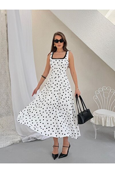 LİSAA BUTİK Lace-Detail Polka Dot Dress