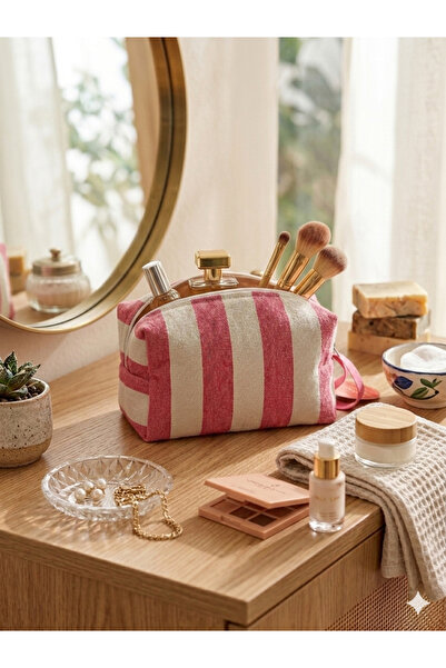 Faralya Life FaralyaLife Çizgili Kulplu Fermuarlı Pembe Çizgili Makyaj Çantası 20x20 cm %70 Pamuk %30 Polyester Kozmetik Kadın Makyaj Çantası