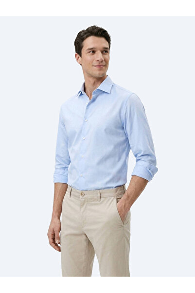 Kip Light Blue Striped Regular Fit Long Woven Casual Cotton Blend Shirt