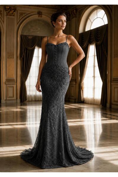 Hennin Slim Straps Corset Detail Sequined Long Evening Dress 7033