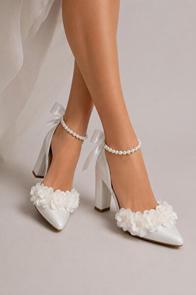 Generic Brand Pearl Flower Detailed Women's Heeled Shoes Navy Blue Satin Pear...