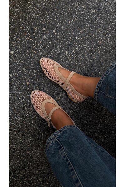 cevaplus Cody Beige Mesh Belt Detailed Ballerinas