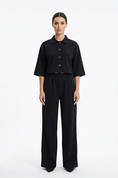 Lady Bom Women's Black Lycra Polyviscon Fabric Snap Detailed Shirt Collar Cro...