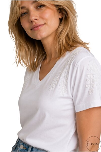 Cassime Women's Shoulder Flower Embroidery Sequin Embroidery Cotton T-Shirt