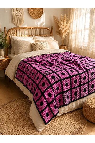 BY AKTEPE STORE El Yapımı Granny Square Motifli Çift Kiişilik Örgü Battaniye ...