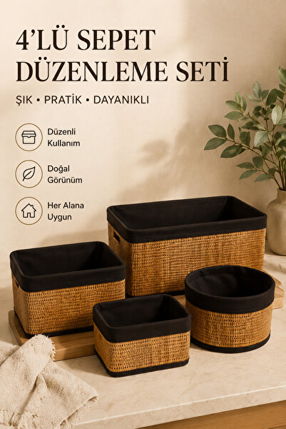 Ev Modu Home 4'lü Dekoratif Sepet Düzenleme Seti – Kumaş Astarlı Organizer