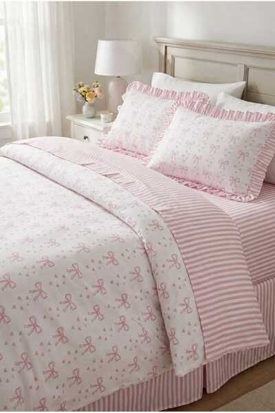 GÖRMEZ TEKSTİL Soft Cotton Double Ruffled Bow Pattern Duvet Cover Set