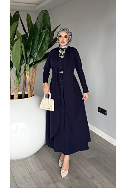 BETES Women's Hijab Dabıl Crepe Fabric Belted Pare Model Dress