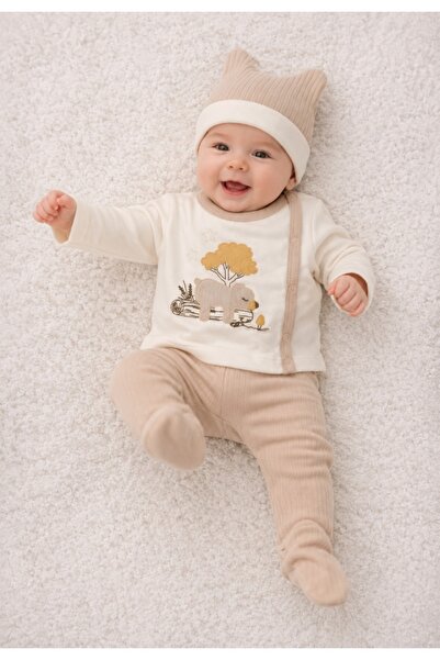 Pure Boutique Set nou nascut baiat 3 piese 100% bumbac bej crem, ursulet, pan...