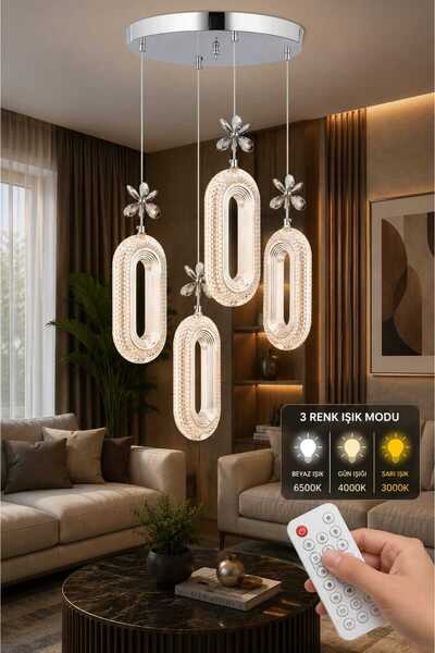 MAVERALİGHTİNG SERRA 4LÜ AVİZE 3 RENK LED ISIKLI KUMANDALI SALON OTURMA ODASI...