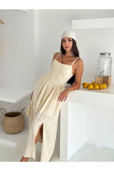 salome butik İP ASKILI PİLELİ YIRTMAÇLI UZUN ELBİSE