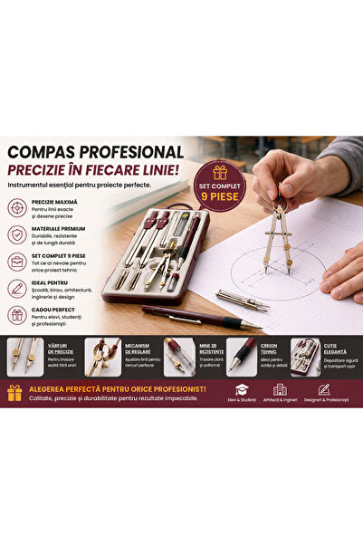 Frey Set de geometrie 9 piese cu compas, creion mecanic, mine și etui pentru școală