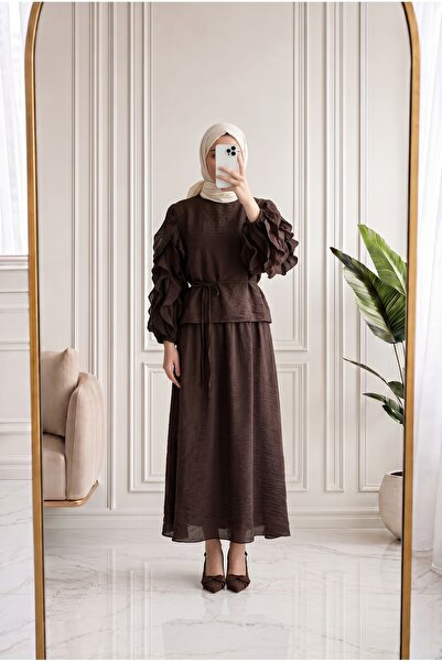 MİHRA STORE Eleni Suit with Ruffled Sleeves and Voile Skirt-En842 Coffee