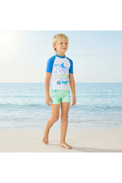 Juniors Round Neck Short Sleeve Swim T-shirt and Shorts Set with Shark Print