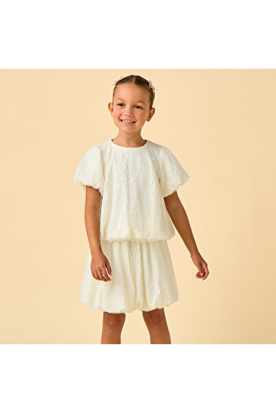 Juniors Crew Neck Short Sleeves Top and Skirt Set with Sequin Detail