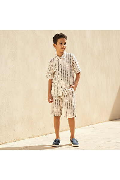 ELIGO Collared Short Sleeves Shirt and Shorts Set with Stripes