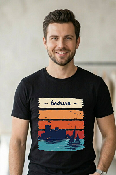Baran Işık تي شيرت أبيض للجنسين مطبوع عليه قلعة بودروم وقارب شراعي بتصميم ريترو