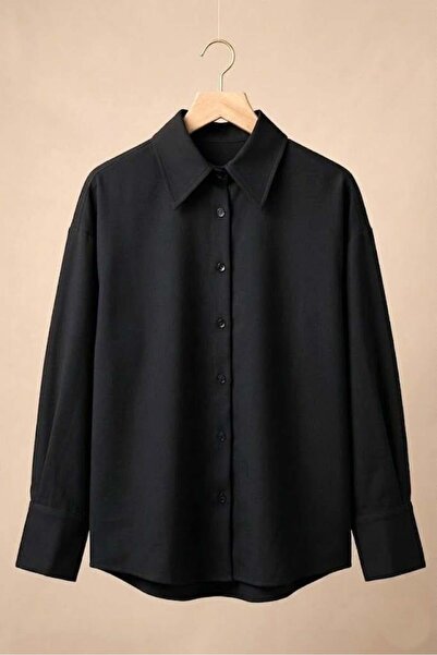Raneel Kazançlı Alışveriş Women's Cuff Sleeve Relaxed Fit Thick Shirt Black