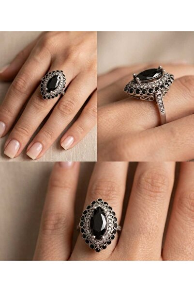 Frost Jewellry 925 ayar mekik model zirkon ve siyah taşlı gümüş yüzük