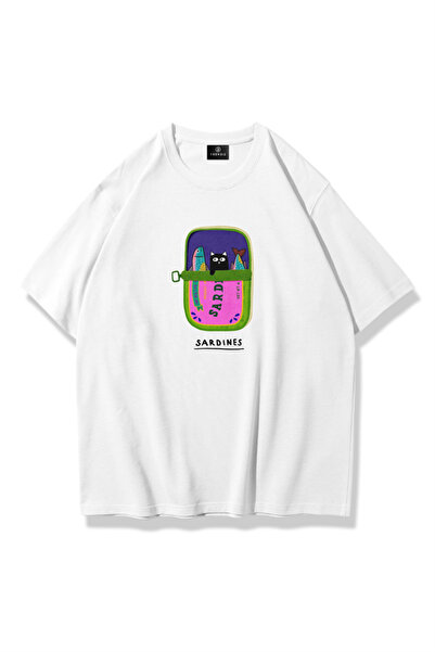 Cupla Tricou unisex cu pisică și sardine, alb