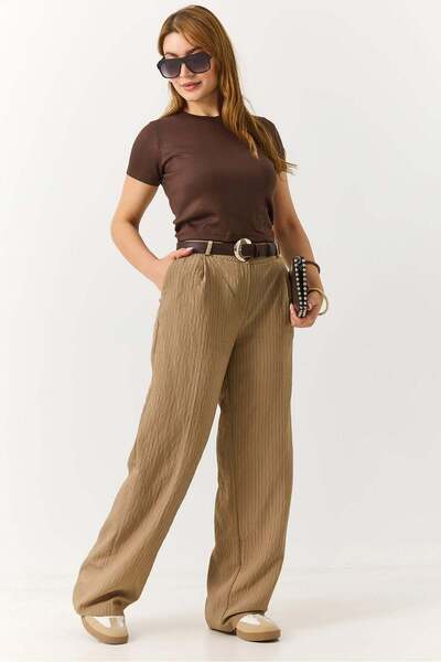 Raneel Kazançlı Alışveriş Women's Striped Fabric Trousers Mink