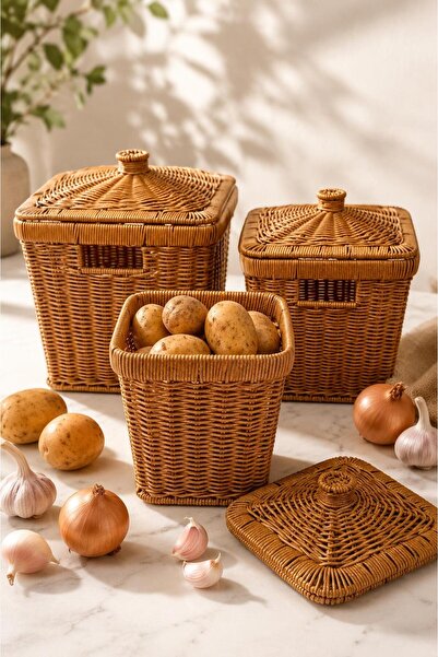 İLİVA 3'lü Kare Patates Soğan Sarımsak Sepeti Seti - Rattan Düzenleyici Kapak...